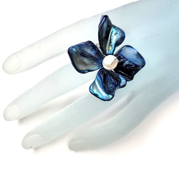 Blue Sea Shell with Freshwater Pearl Bead Asymmetric Flower Adjustable Ring - Picture 1 of 15